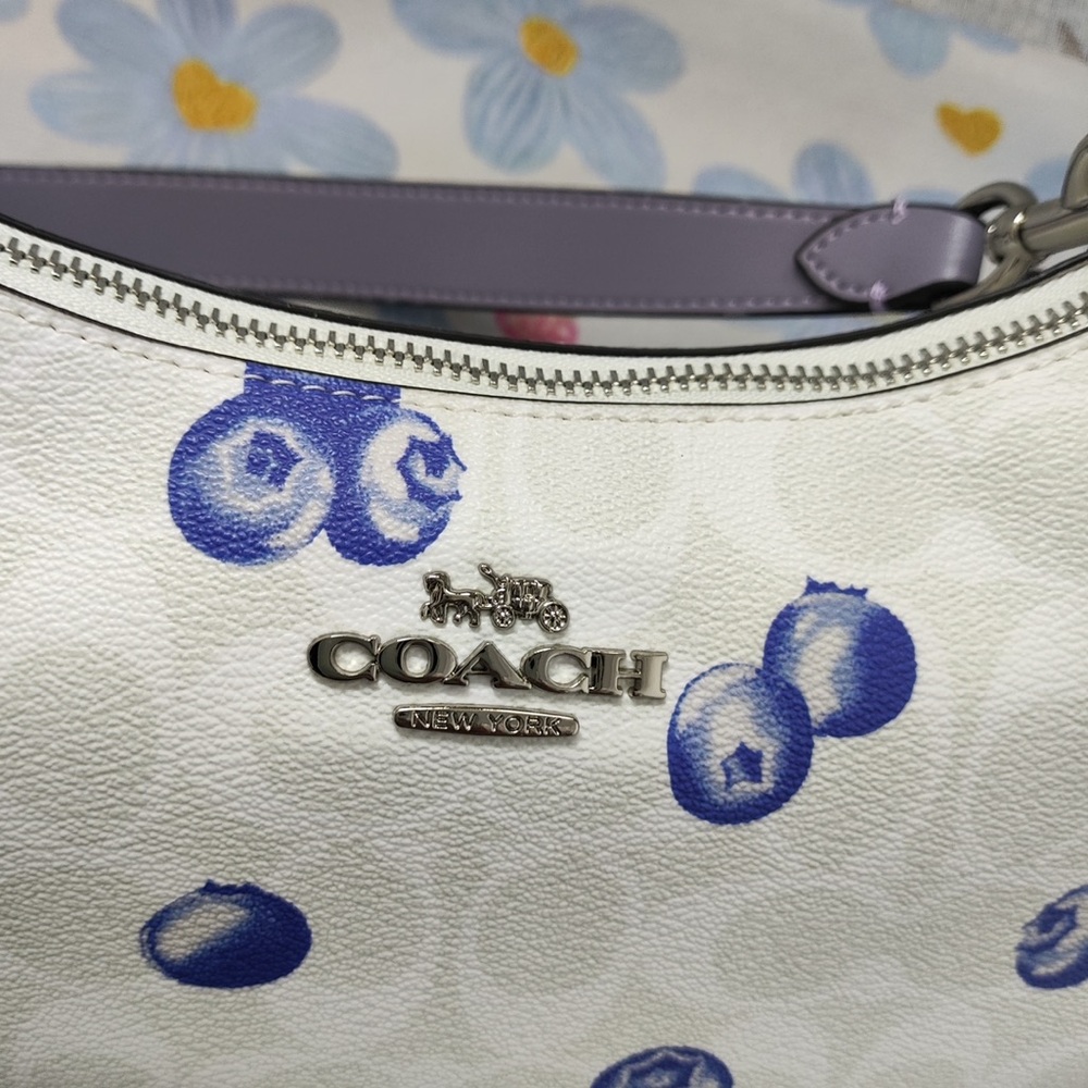 Coach White Mini Shoulder Bag with Lavender and Blue Berry Print - Picture 2 of 12